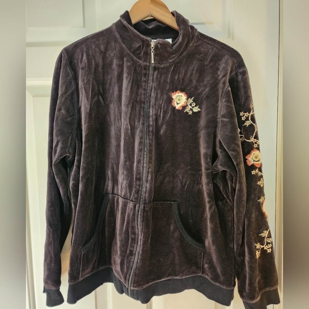Style & Co Black Velvet Sweatshirt Floral Embroidered Size 1x Whimsigoth Zip Up